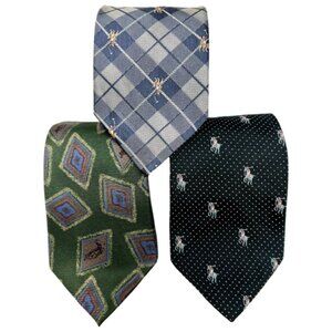 3 Neckties Polo club + Other 100% Silk Gray Black Green Check  Polo Horse   (69)